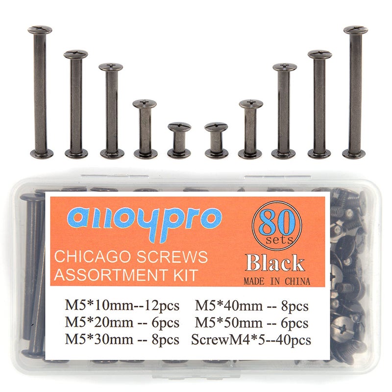 ALLOYPRO 80 Pcs Phillips Chicago Binding Screws M5 x 10/20/30/40/50mm Black Scrapbook Extenders Post Binding Barrels and Screws Assortment Kit for Scrapbook Photo Albums/Book Binding - Image 1